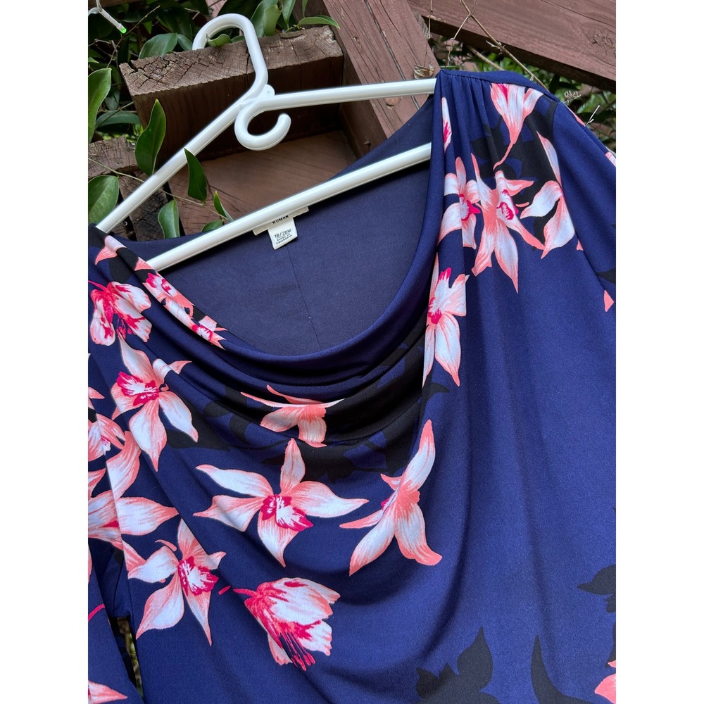 Cato Woman Navy Blue Pink Floral Cowl Neck Ruched Maxi Dress Plus Size 18/20W